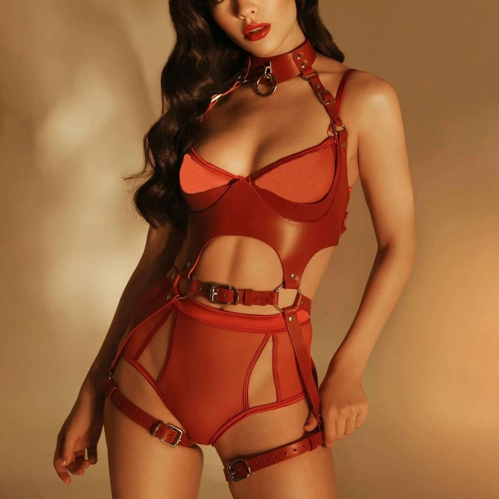 Garter Belt Set - ชุดเข็มขัดรัดเอวแฟชั่นสำหรับผู้หญิง ทำจากหนัง PU พร้อมสายรัดตัวและสายรัดขา สไตล์โกธิค อุปกรณ์เสริมเสื้อผ้า