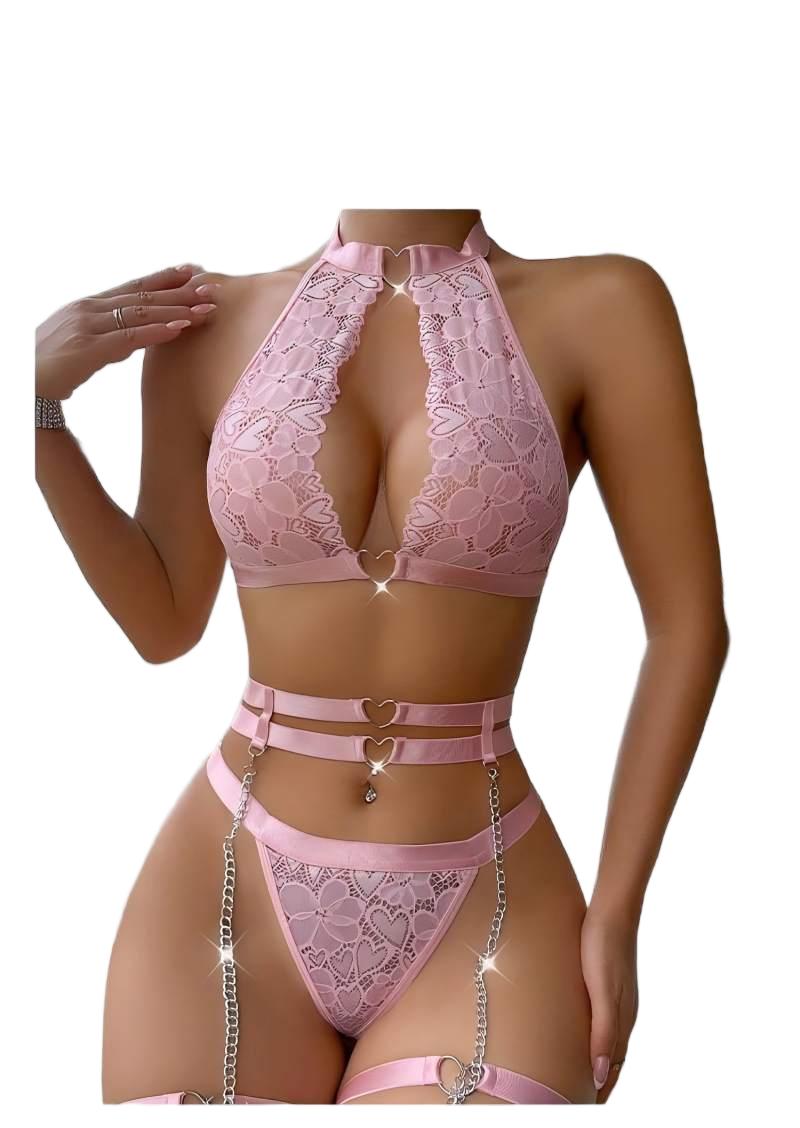 Push Up Bra Padded - ชุดชั้นในเซ็กซี่แบบดันทรง พร้อมสายรัดถุงน่องและสร้อยคอ ชุดชั้นในผู้หญิงแบบมีโครงและจีสตริง ชุดชั้นในสตรี