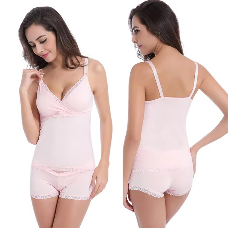 Nursing Bra Sleep - ชุดคลุมท้อง ชุดนอนสตรี ชุดชั้นใน บราให้นมบุตร ชุดเสื้อกล้ามและกางเกงขาสั้นสำหรับให้นมบุตร ชุดชั้นในหลังคลอด