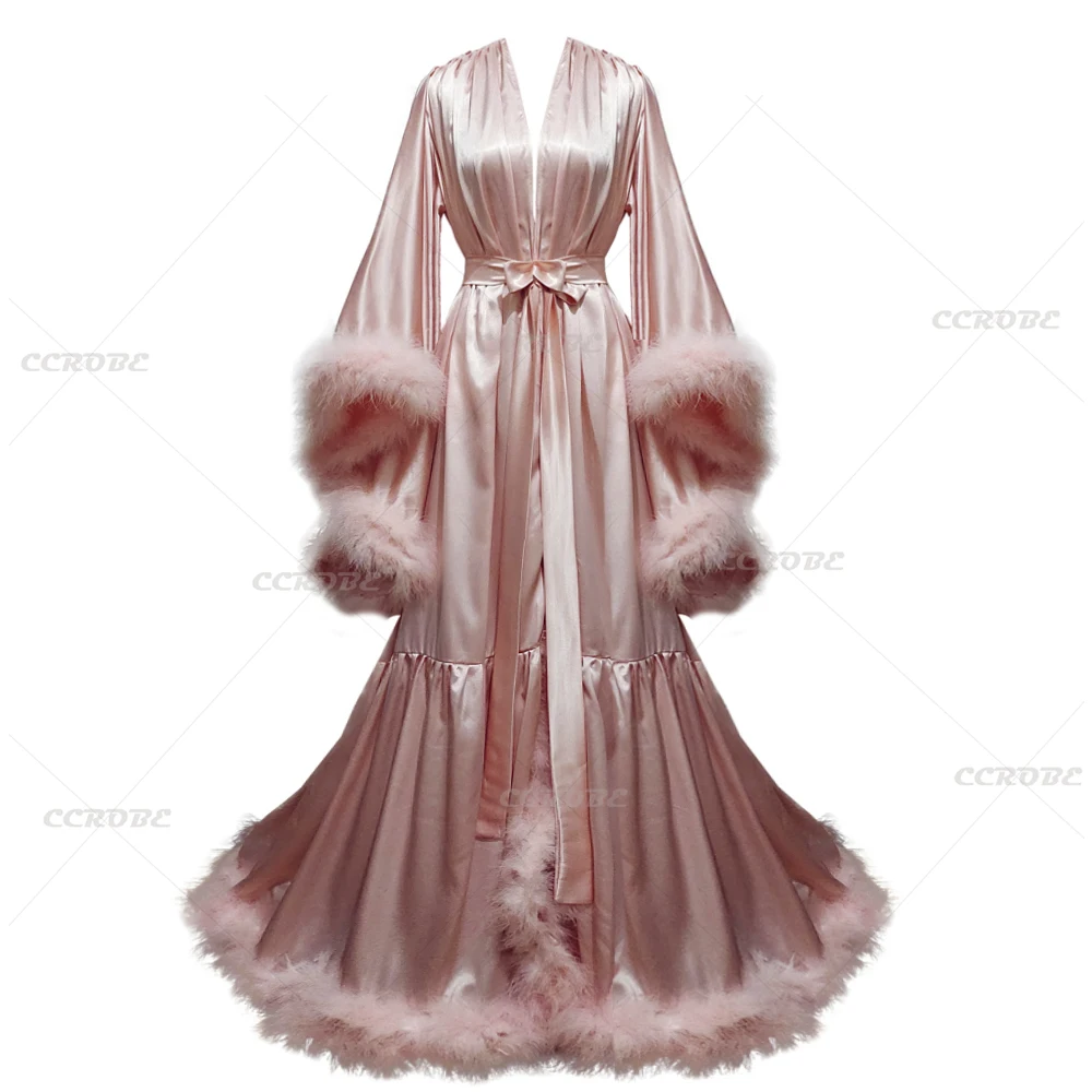 Robe Silk Women - ชุดคลุมอาบน้ำสำหรับผู้หญิงแขนบานมีขนนกเสื้อคลุมอาบน้ำชุดเดรสยาวผ้าพันคอสำหรับเจ้าสาวชุดเดรสสำหรับงานแต่งงาน