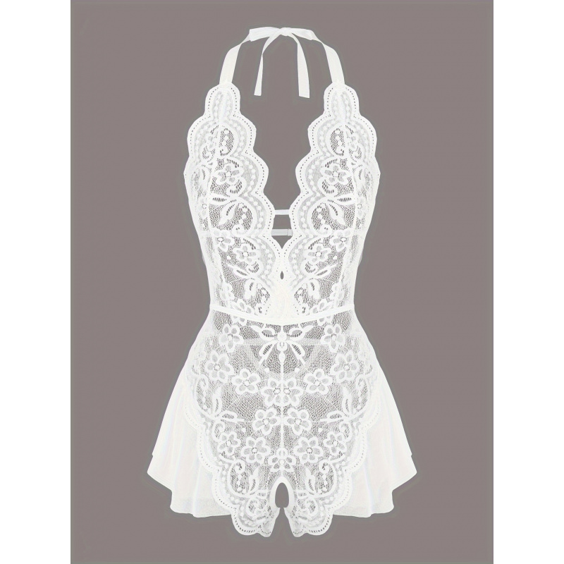 Lace Teddy Lingerie - ชุดบอดี้สูทลูกไม้ตาข่ายสุดเซ็กซี่ แต่งขอบลายสแกลลอป คอลึกเปิดเป้า สายคล้องคอ ชุดชั้นในและชุดนอนเซ็กซี่สำหรับผู้หญิง