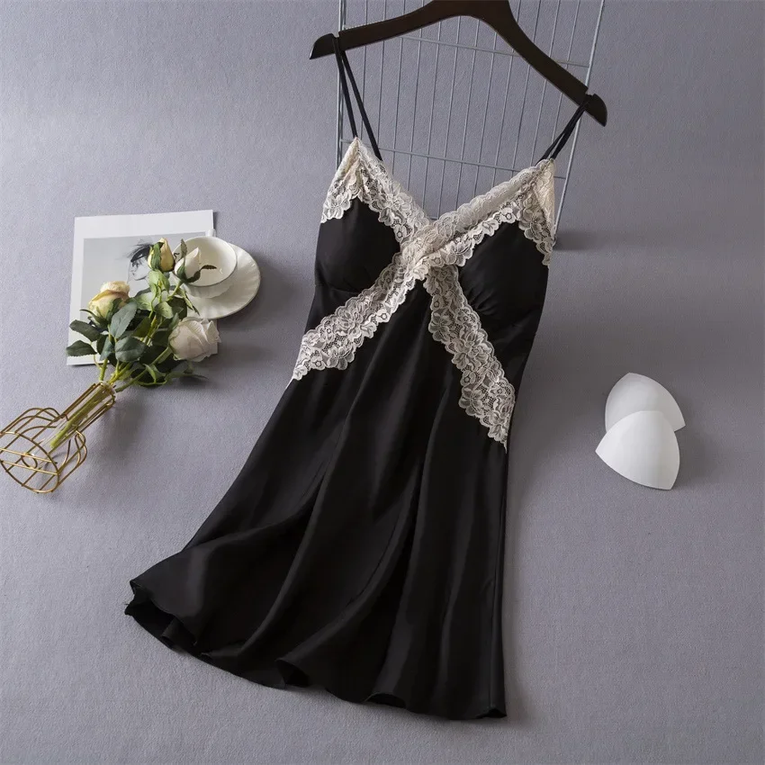 Babydoll Chemise Night - ชุดนอนเซ็กซี่ผ้าซาตินสำหรับผู้หญิง ชุดนอนผ้าไหมคอวี ชุดนอนลูกไม้ ชุดนอนแบบเบบี้ดอลล์