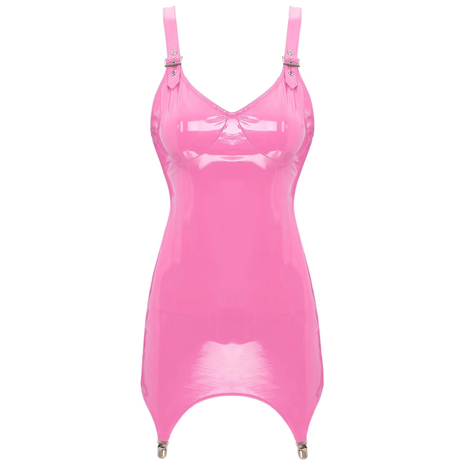 Babydoll Chemise Night - ชุดบอดี้คอนแบบมีสายรัดหนังพีวีซีเงาวาวของผู้หญิงชุดชุดมินิเดรสคอวีแบบเปียกดูเปียกสำหรับเที่ยวกลางคืน
