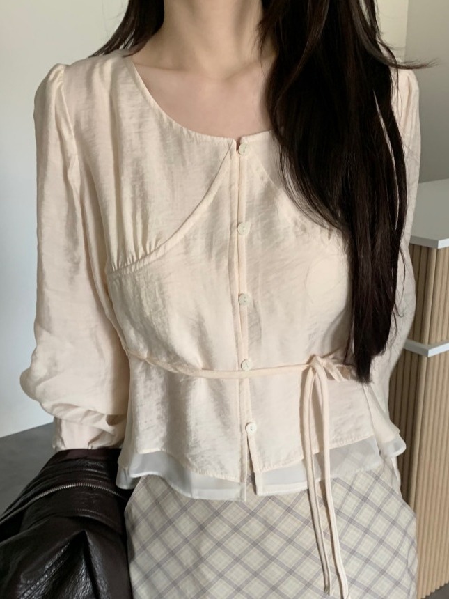 Corset Waist Cinch - เสื้อเชิ้ตแขนยาวทรงบับเบิ้ลสไตล์เกาหลีสำหรับผู้หญิง คอลเลคชั่นฤดูใบไม้ผลิ 2026 คอทรงกลม กระดุมผ่าหน้า พร้อมเข็มขัดรัดเอว