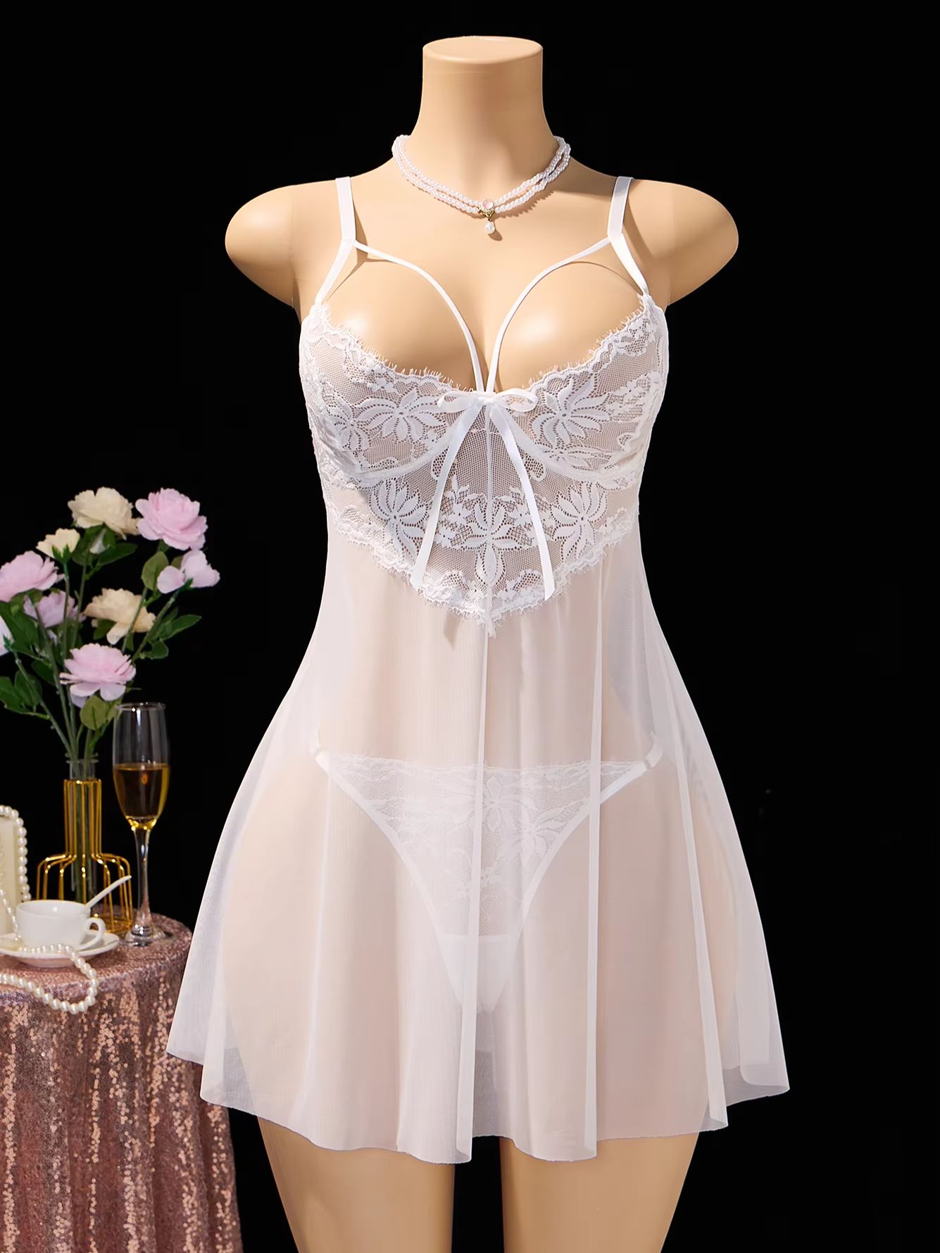 ชุดนอนซีทรูผ้าลูกไม้สีขาวสำหรั - Babydoll Chemise Night บทวิจารณ์และราคา