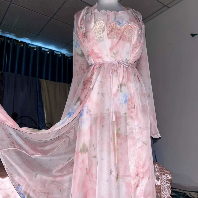 ผ้าไหมสีชมพูพิมพ์ดูผ่าน Nightg - Robe Silk Women บทวิจารณ์และราคา